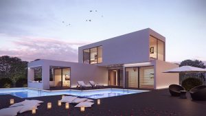 real estate exterior rendering of a modern house