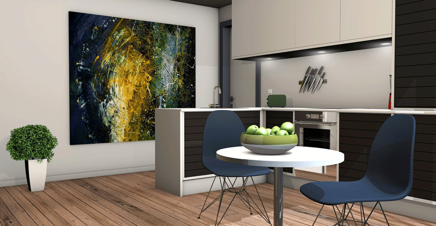 3d rendering of a kitchen and dining space