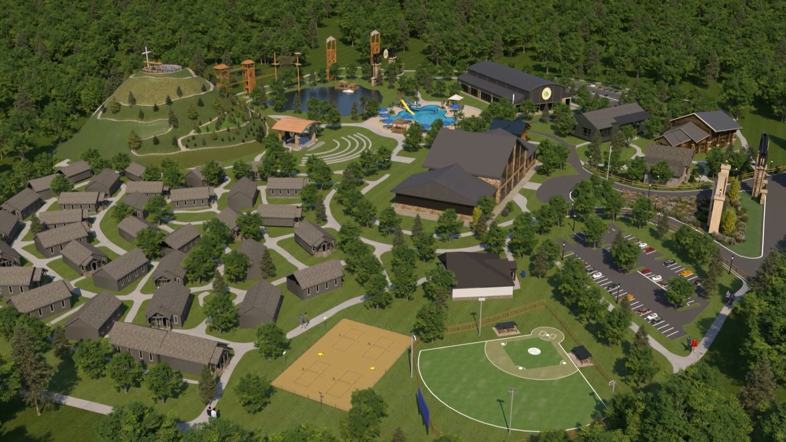 Aerial masterplan view of Impact Youth America camp development