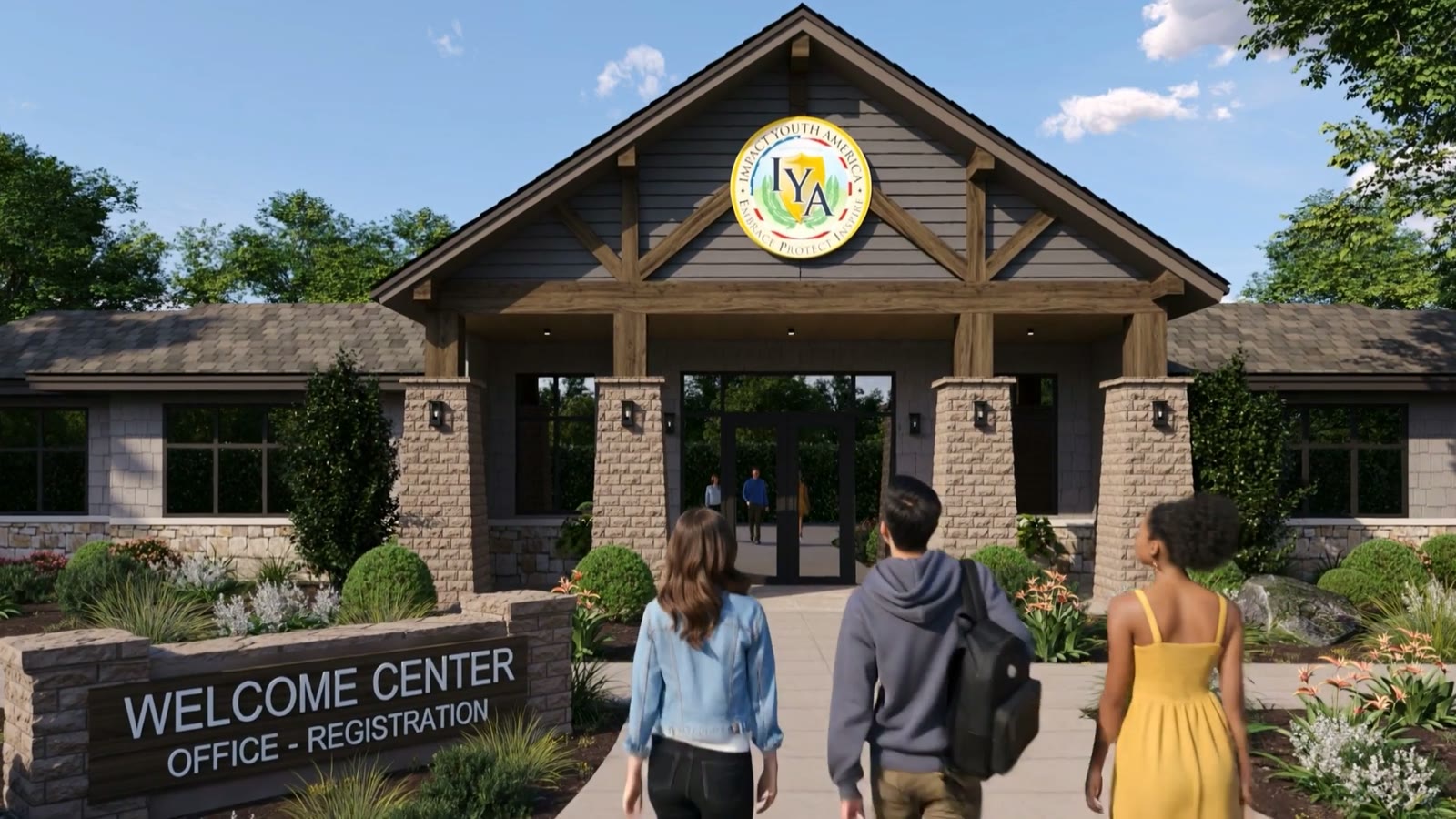 Impact Youth America welcome centre arrival building with IYA seal