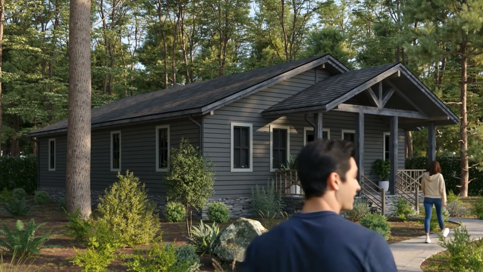 Timber lodge accommodation building among pine trees at a youth camp development