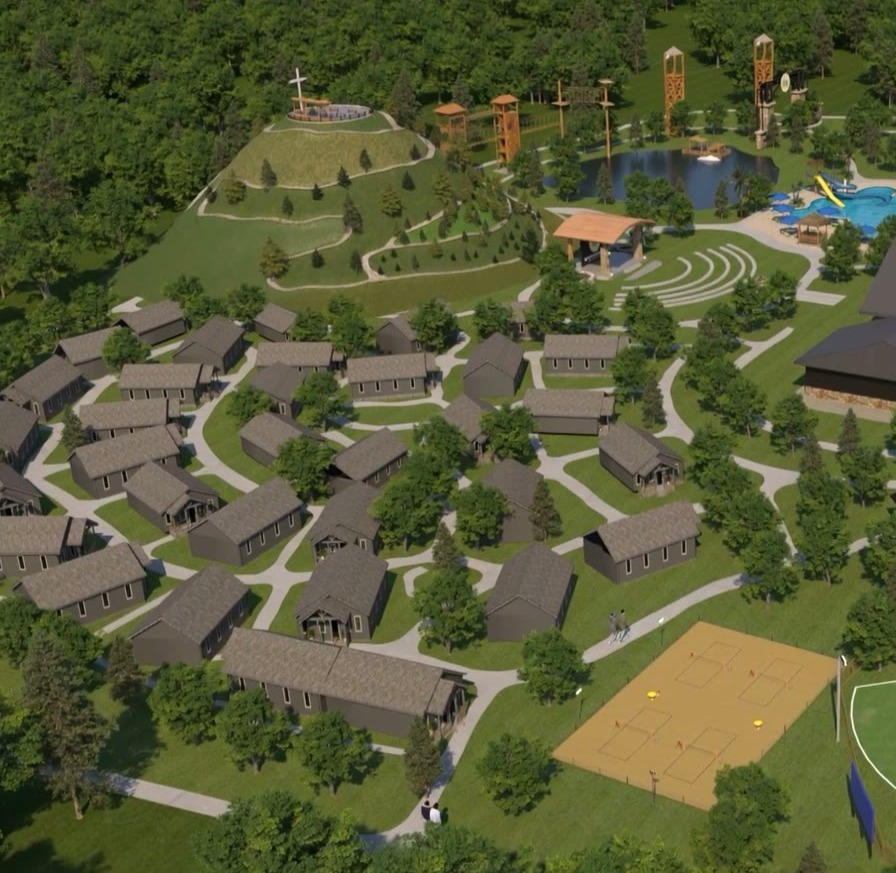 Aerial view of a youth camp cabin village masterplan with paths, lake and central hill
